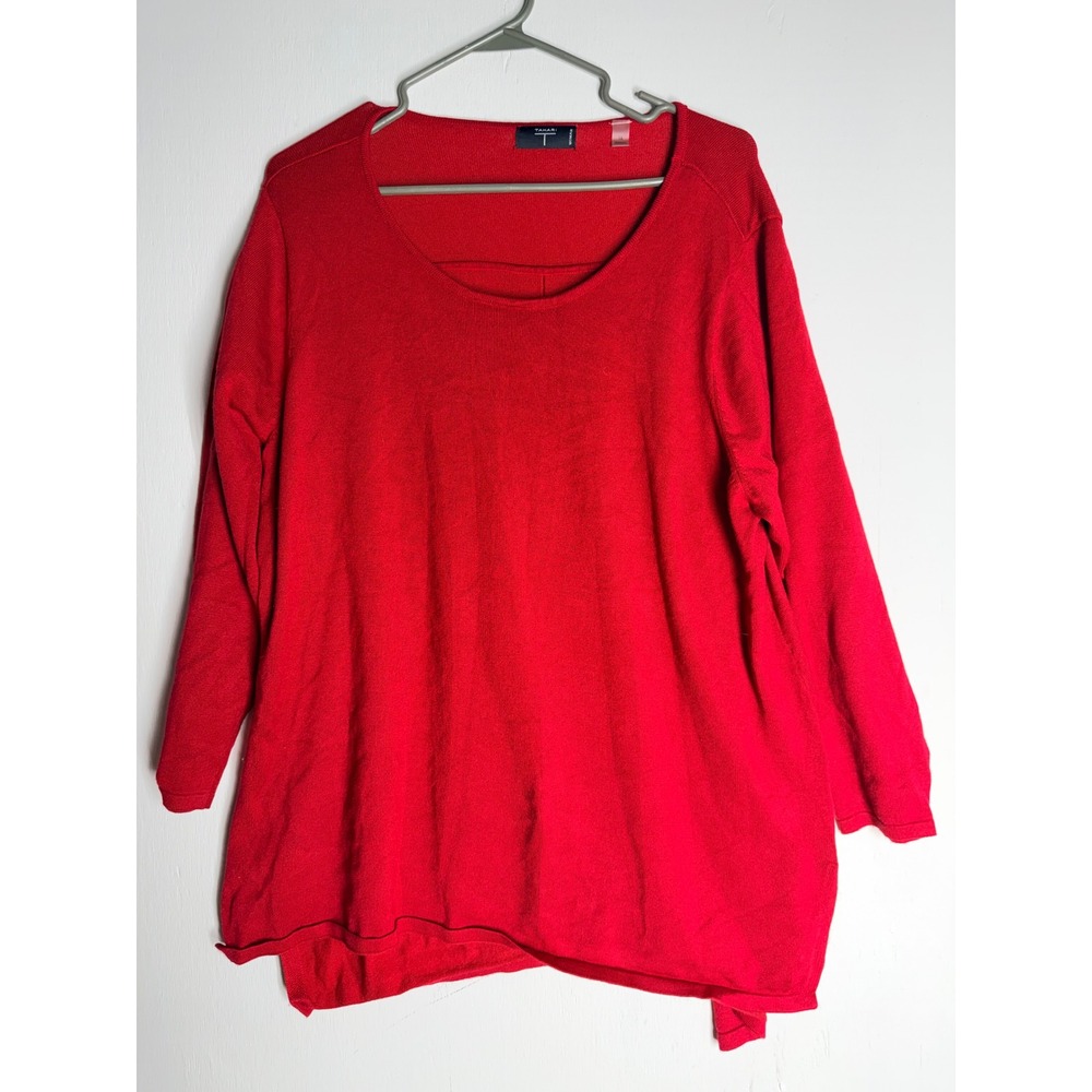 Tahari Woman Red Knit Tunic Sweater Scoop Neck High Low Hem 1X Plus Size